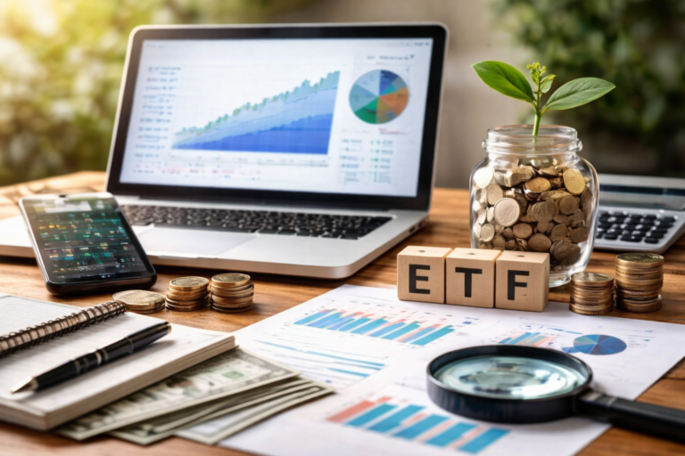 ETF fondovi i investiranje za početnike – laptop sa grafikonima, novac i rast portfolija