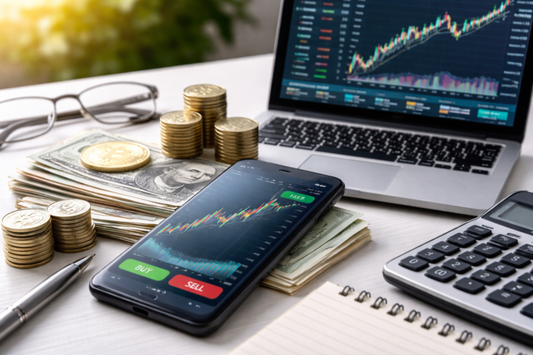 investiranje preko online brokera na telefonu uz grafikone akcija, novac i laptop
