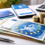 euro novčanice i mobilni telefon koji simbolizuju SEPA bankarski transfer u Evropi