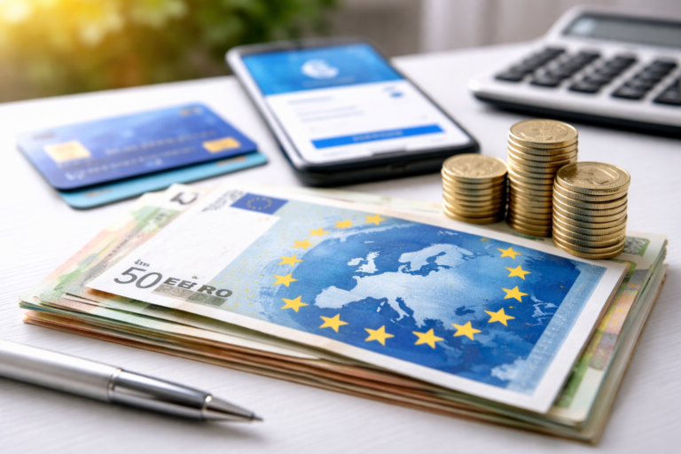 euro novčanice i mobilni telefon koji simbolizuju SEPA bankarski transfer u Evropi