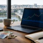 Investiranje u S&P 500 iz Srbije prikazano kroz laptop sa berzanskim grafikonom i novac na radnom stolu