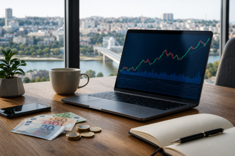 Investiranje u S&P 500 iz Srbije prikazano kroz laptop sa berzanskim grafikonom i novac na radnom stolu