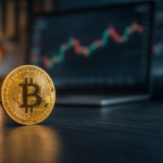 Vrednost Bitcoina prikazana kroz realističan Bitcoin novčić uz finansijske grafikone u pozadini