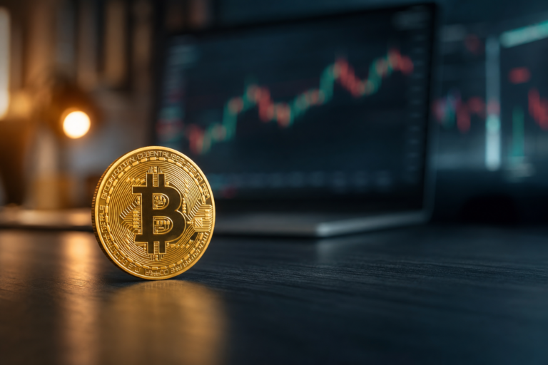 Vrednost Bitcoina prikazana kroz realističan Bitcoin novčić uz finansijske grafikone u pozadini