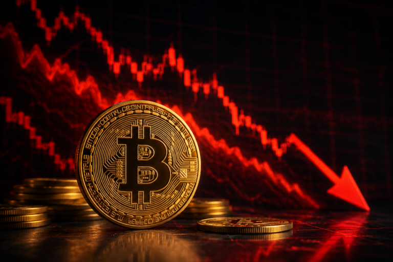 Bitcoin kovanica ispred grafikona sa padom cene na tržištu kriptovaluta