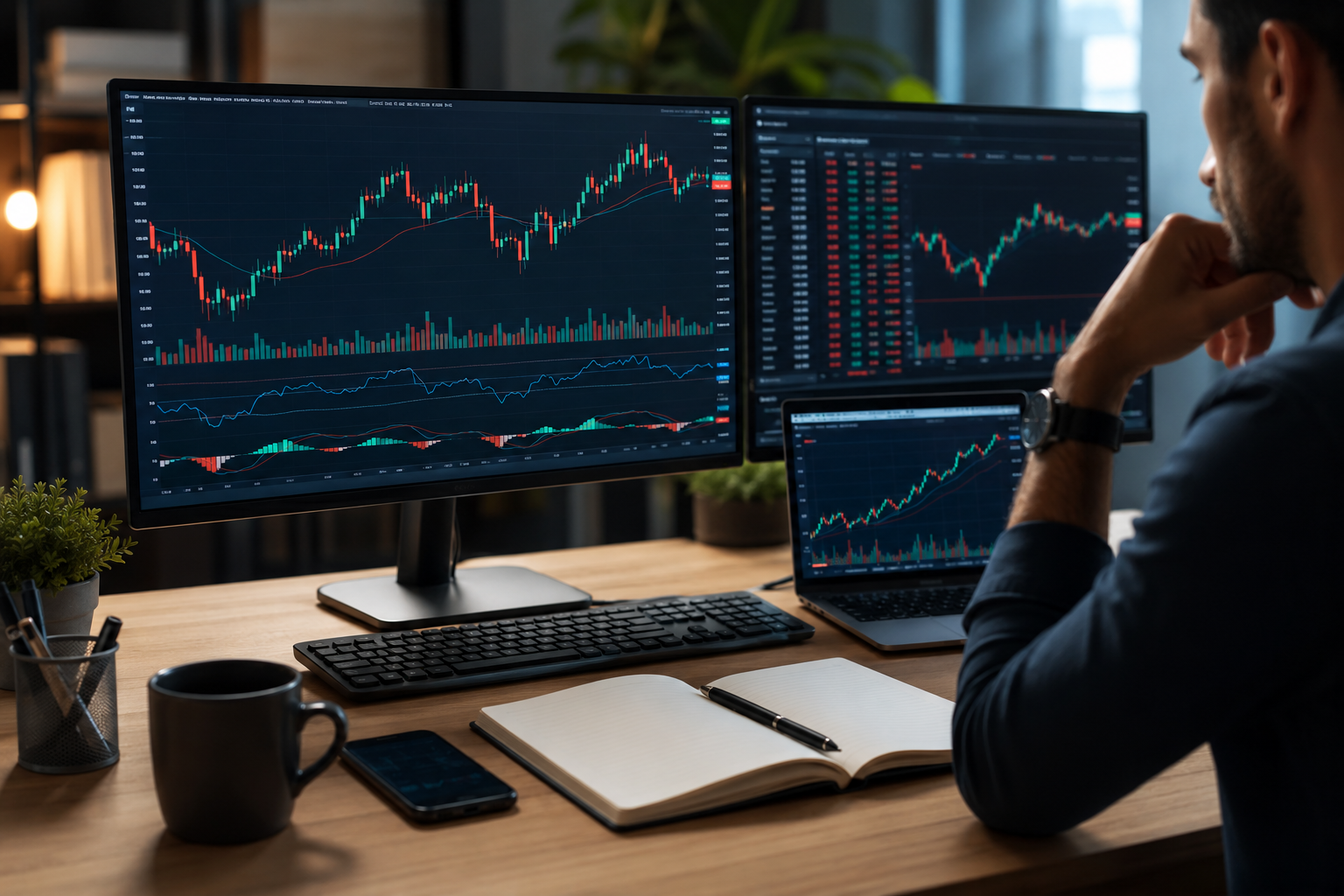 Trejder analizira grafikone finansijskih tržišta na više monitora tokom online trejdovanja akcijama, indeksima i drugim finansijskim instrumentima.