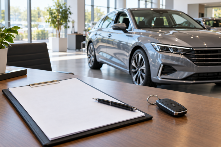 Automobil u salonu, ugovor i ključevi kao ilustracija finansijskog lizinga