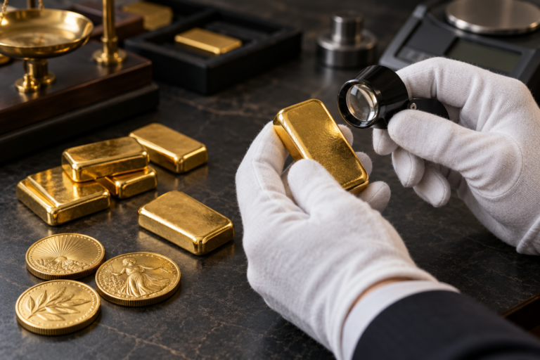 Provera autentičnosti zlatne poluge lupom, uz zlatnike i investiciono zlato na stolu.