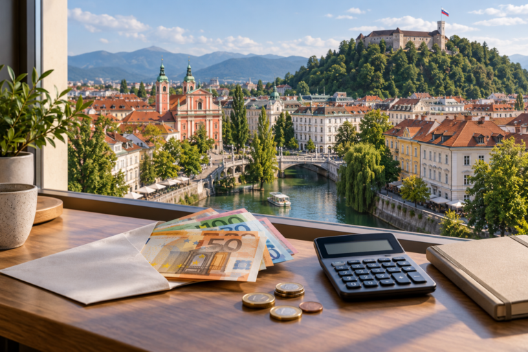 Evronovčanice i kalkulator na stolu sa pogledom na Ljubljanu – prosečna plata u Sloveniji.