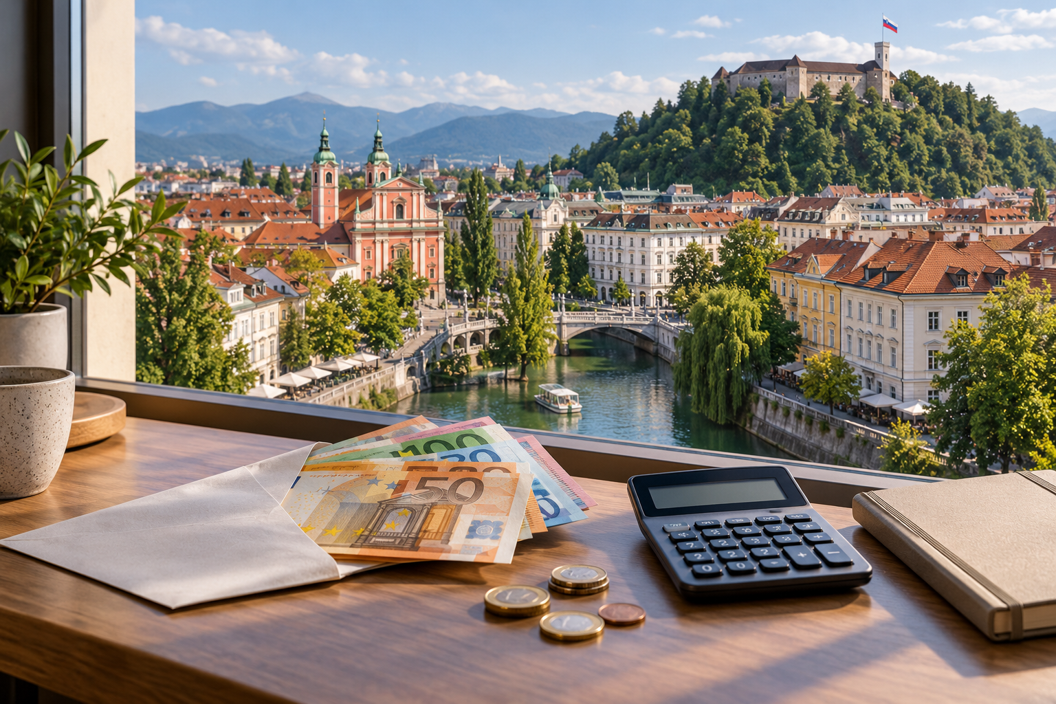 Evronovčanice i kalkulator na stolu sa pogledom na Ljubljanu – prosečna plata u Sloveniji.