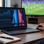 Laptop sa grafikonima sportskog trejdinga i fudbalska utakmica na televizoru u pozadini.