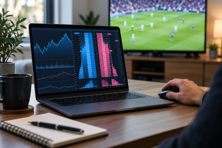 Laptop sa grafikonima sportskog trejdinga i fudbalska utakmica na televizoru u pozadini.